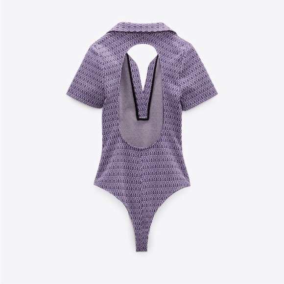 Women’s Zara Bodysuit Large Lavender Printed Collared Short Sleeve Back Cutout - Picture 5 of 12